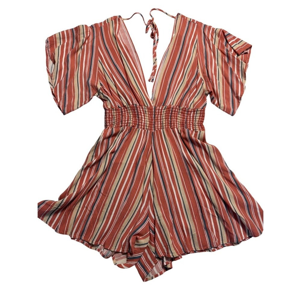 Striped Smocked Waist Romper Large